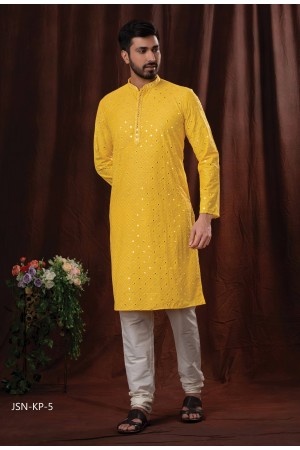 Yellow   Poly Cotton With Mirror Embroidery Kurtas Set 